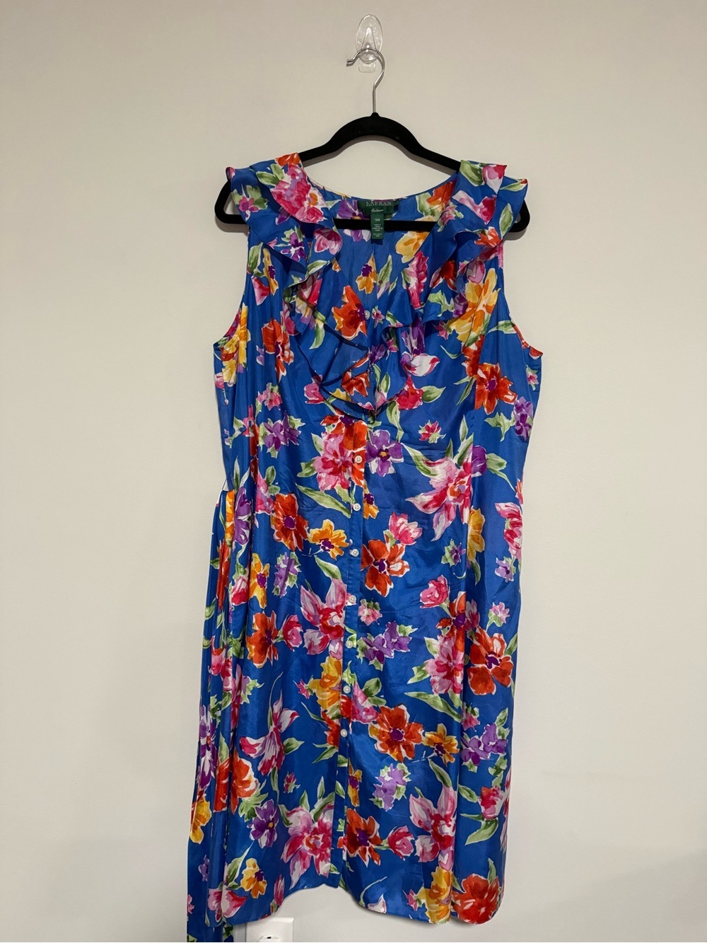 Ralph Lauren Sleeveless Blue Floral Ruffle Front 100% Silk Shirt Dress Size 14W